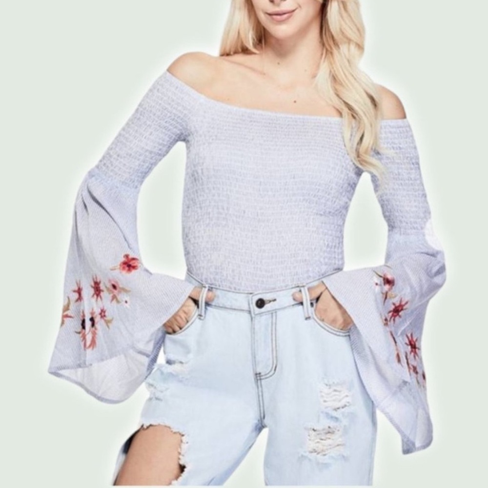 GUESS Briar Floral Smocked‎ Embroidery Off  The Shoulder Crop Top Sz Medium